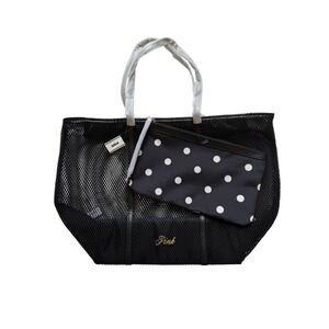 Victorias Secret PINK Black Mesh Tote Bag with Polka Dot Pouch NWT